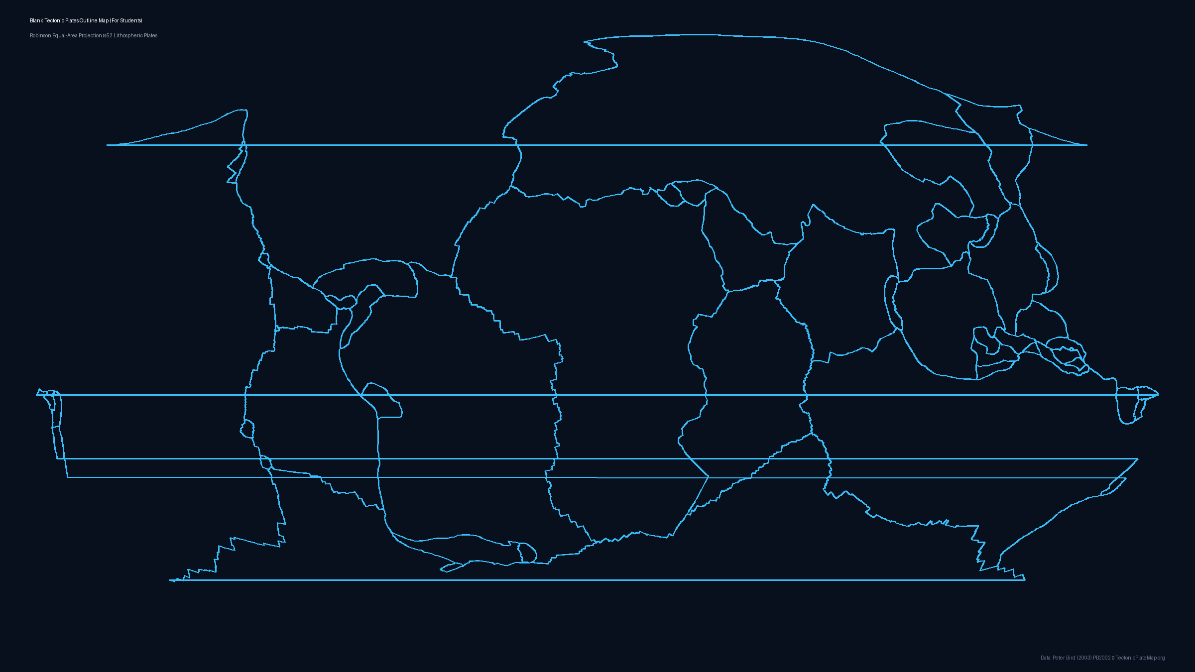Blank world tectonic plates outline map with plate boundaries and no labels, suitable for student testing and coloring