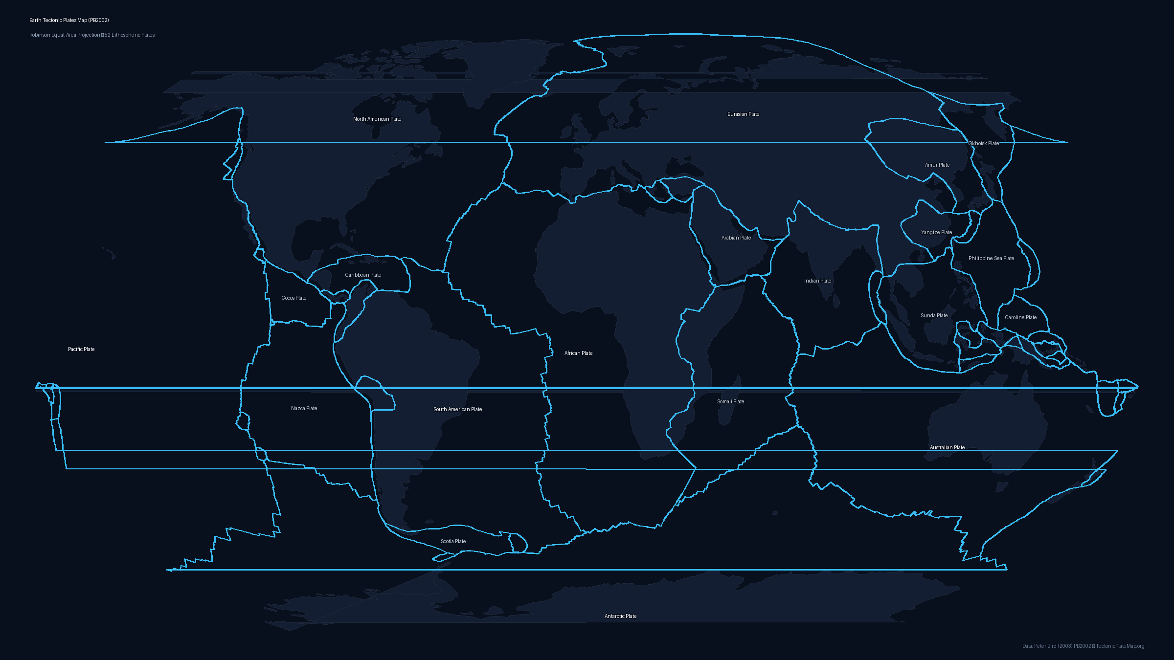 Detailed world map of tectonic plates with names labeled in Robinson projection based on Peter Bird PB2002